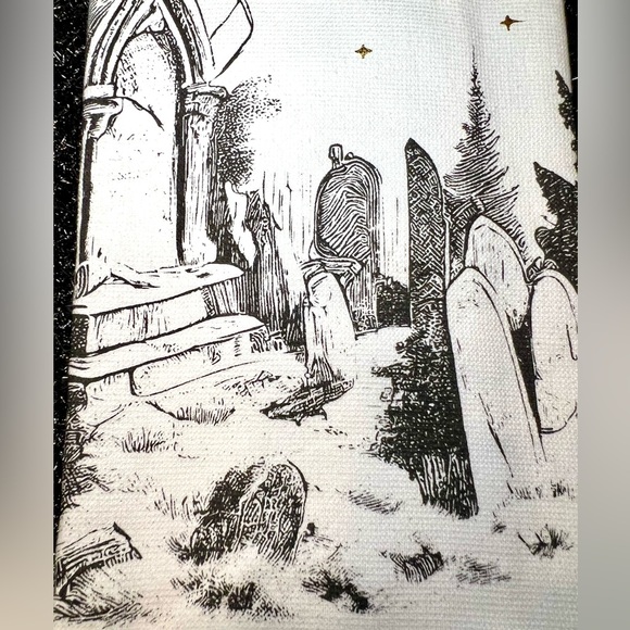 2 Halloween Haunted Graveyard Kitchen Towels Metallic Gold Moon Black Tombstones - Picture 3 of 10